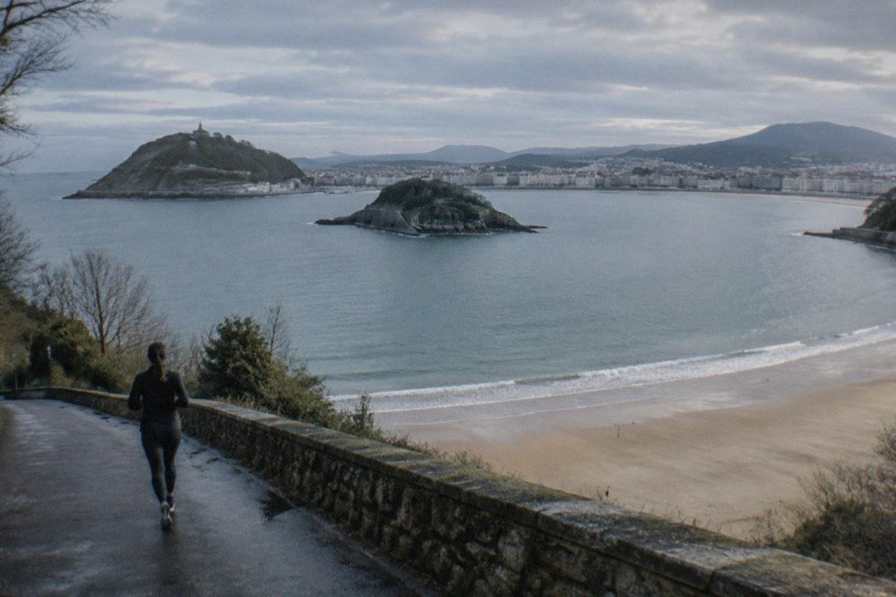 The curved bay of La Concha seen from above with Santa Clara island in the middle and hills on both sides