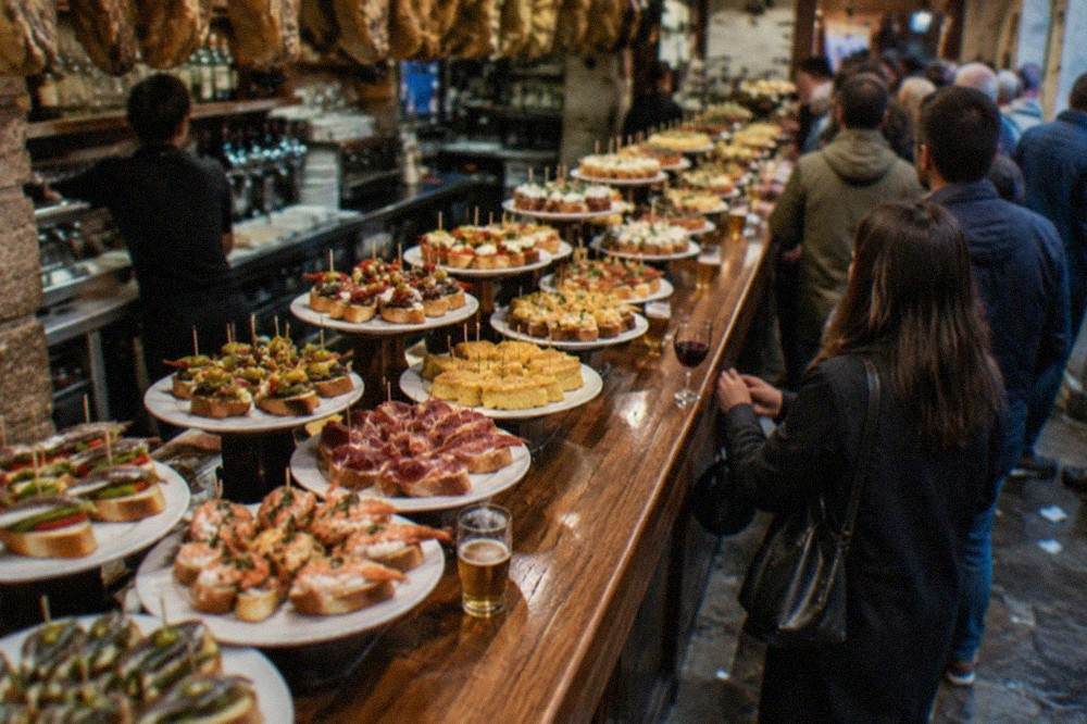 Pintxo bars in the Old Town of San Sebastián with trays of small skewered snacks on the counter