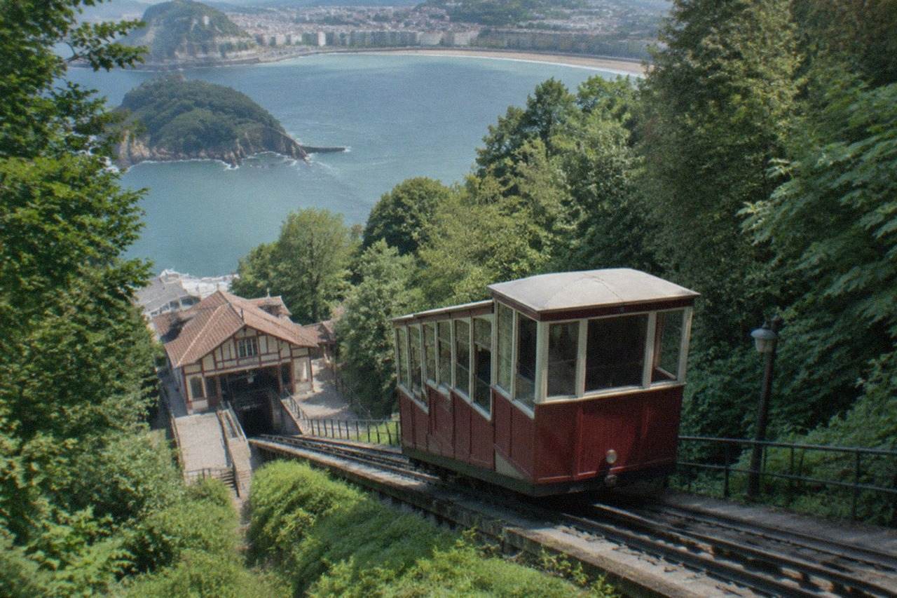 The wooden funicular car of Monte Igueldo at its lower station above La Concha beach in San Sebastián