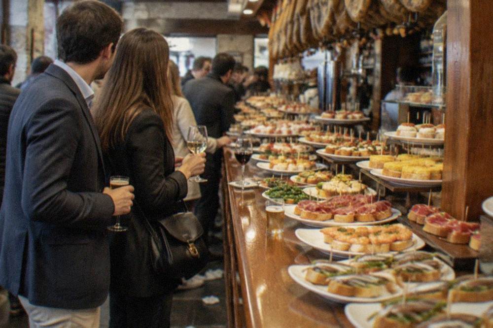 A couple in smart-casual evening clothes standing at a crowded pintxo bar in the San Sebastián Old Town
