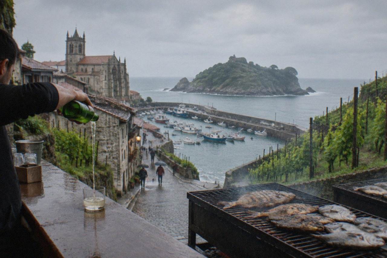 A bartender in a Basque bar pouring txakoli from high above into a shallow tumbler on the counter