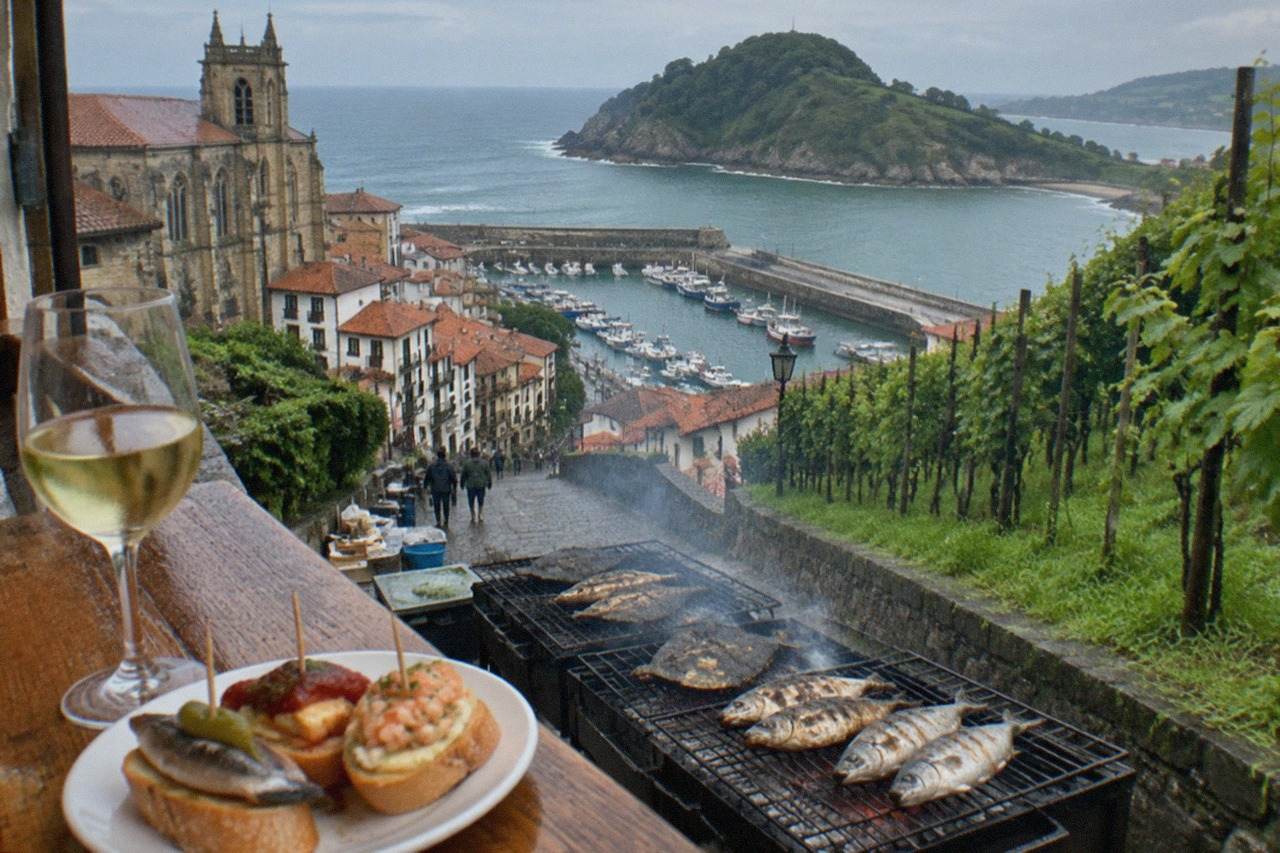 A glass of pale txakoli white wine on a wooden bar beside a plate of pintxos