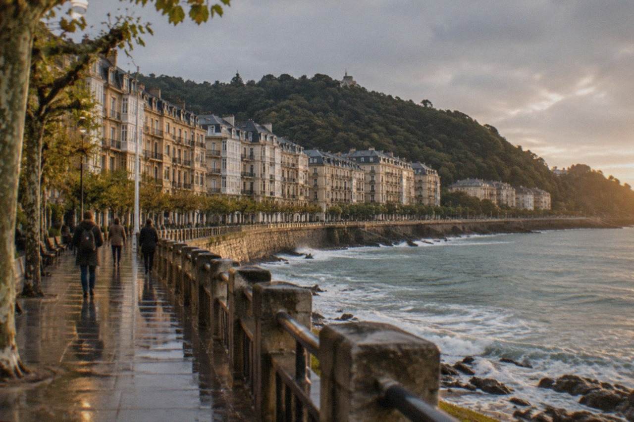 A coastal walking path with the sea on one side and green hills, near San Sebastián