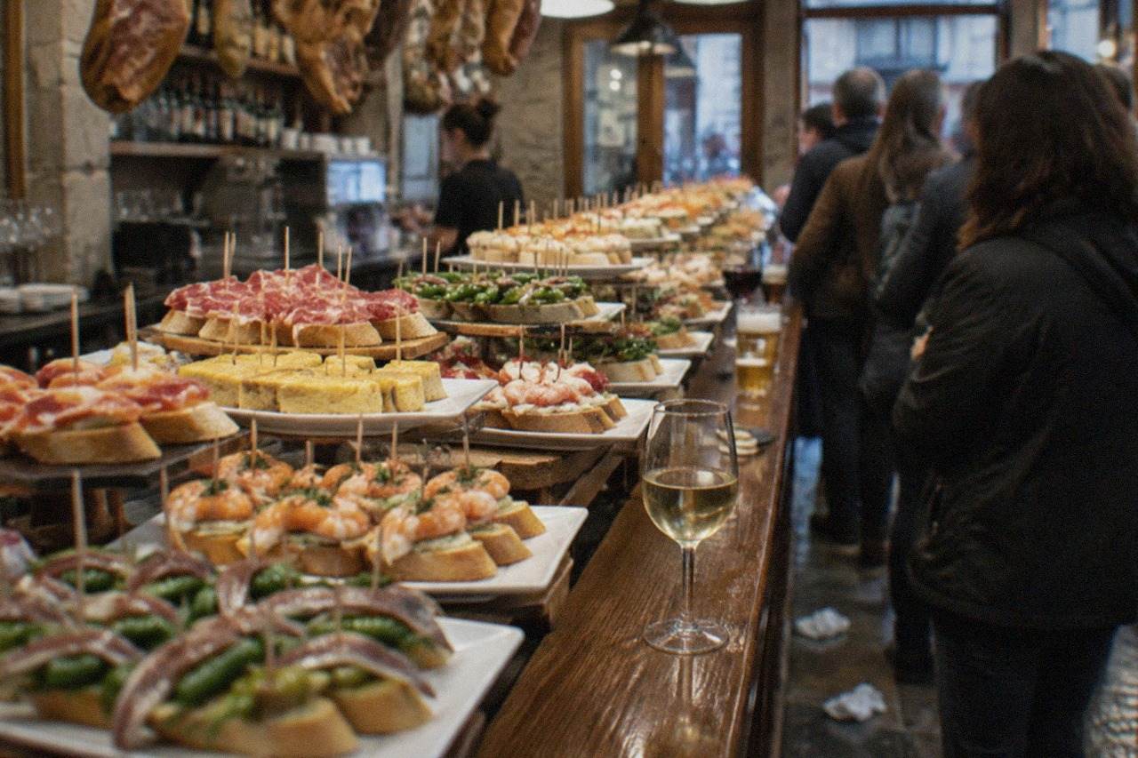 Pintxo trays with skewered bites displayed on a bar counter in the old town of San Sebastián