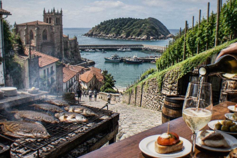 A glass of txakoli being poured beside plates of pintxos on a wooden bar top in San Sebastián