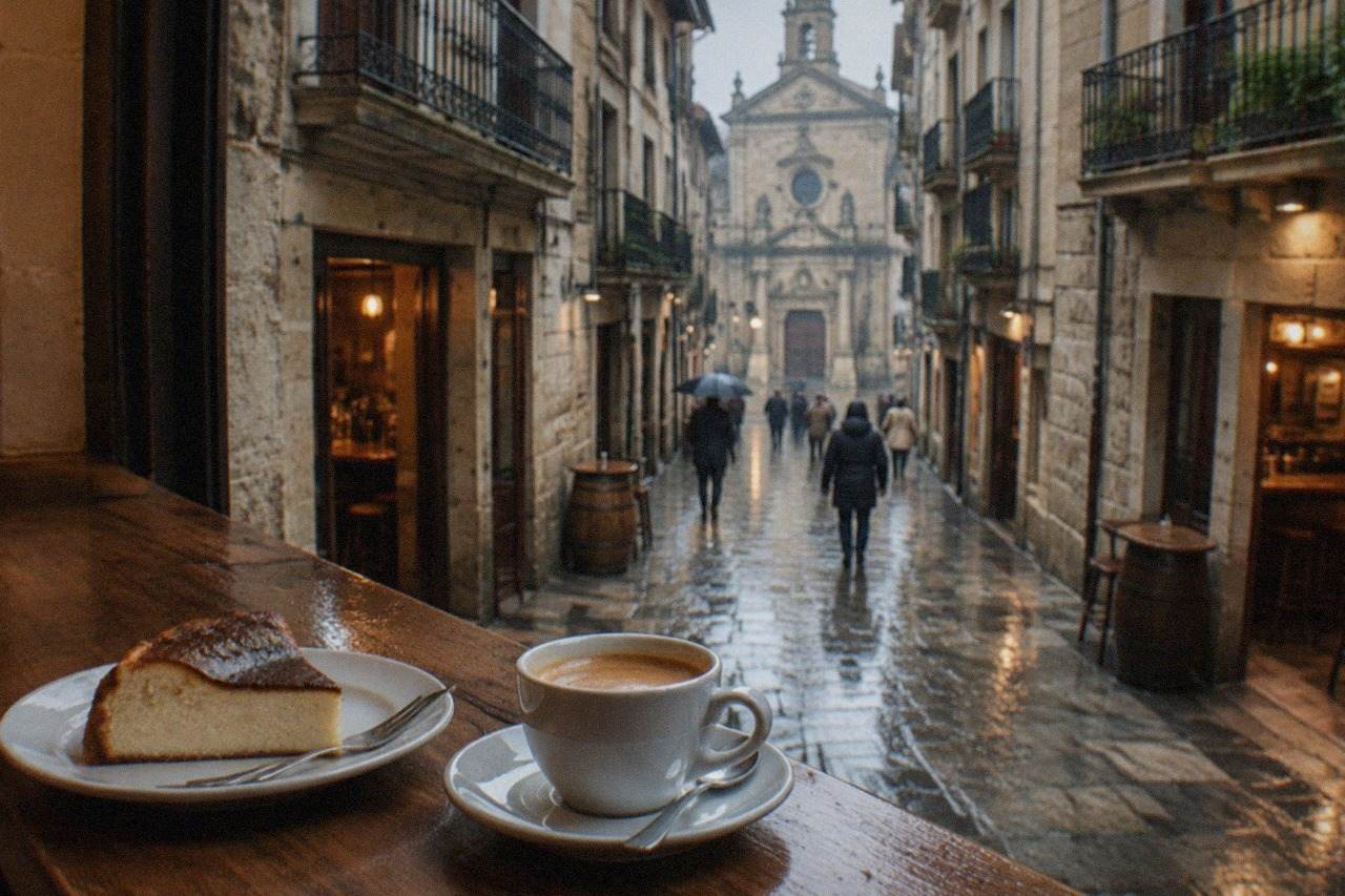 A slice of caramelised basque cheesecake on a small plate beside a coffee cup on a wooden bar counter