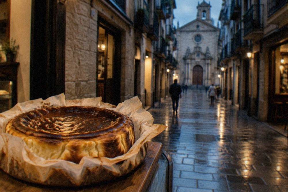 A whole basque cheesecake with a dark caramelised top sitting in a crinkled paper mould on a bakery counter