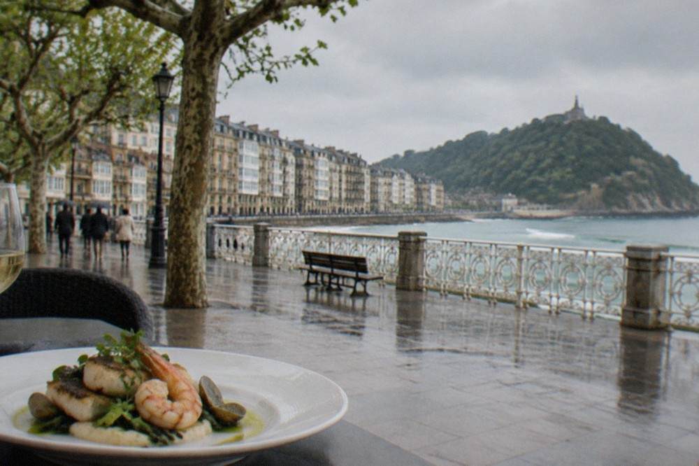 A composed modern Basque dish with seafood elements on a white plate