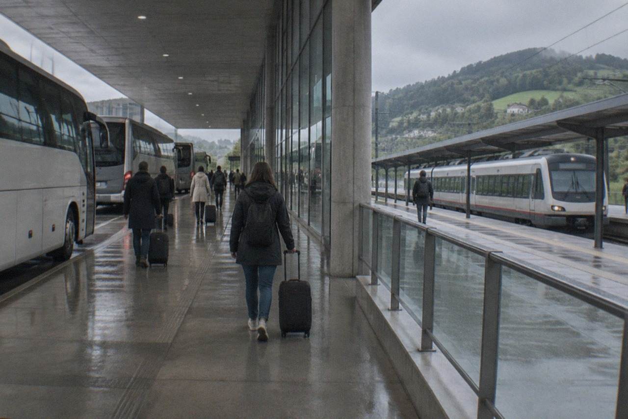 A regional train at a station platform in the Basque Country, with green hills behind it