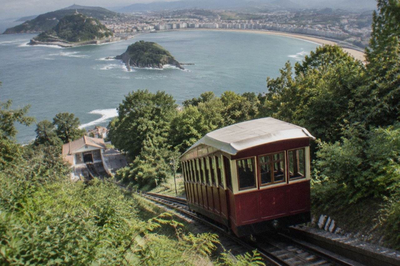 The wooden funicular car climbing the hillside above the bay of San Sebastián