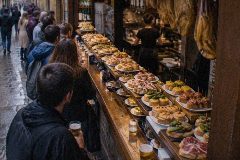 Pintxo bars along a narrow street in the old town of San Sebastián at dusk