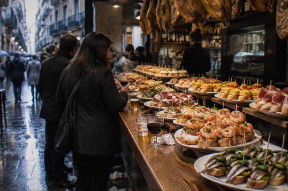 Pintxo bars in an Old Town street at night with counters and small plates