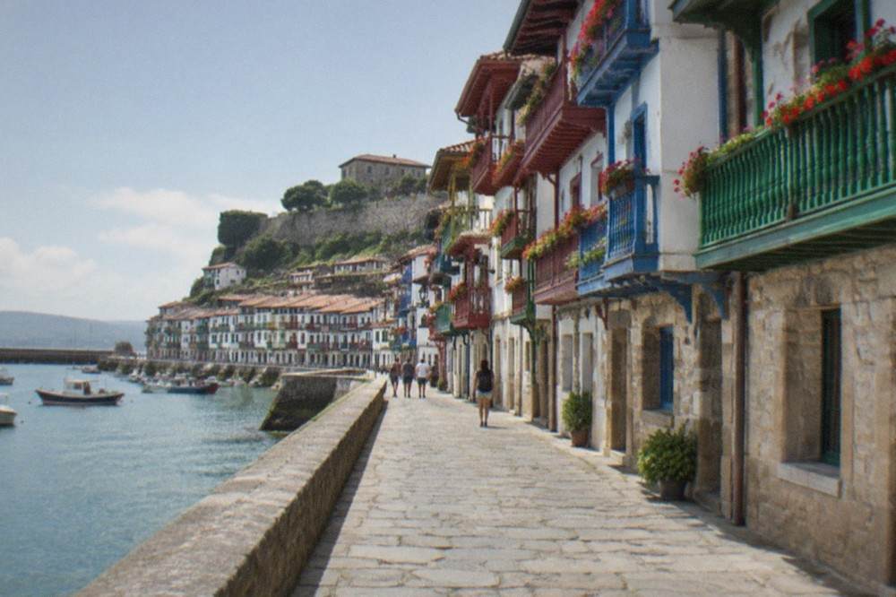 Colourful wooden balconied houses along the Marina street in Hondarribia