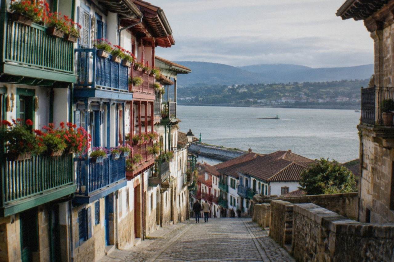 Colourful wooden houses along a cobbled street in Hondarribia old town