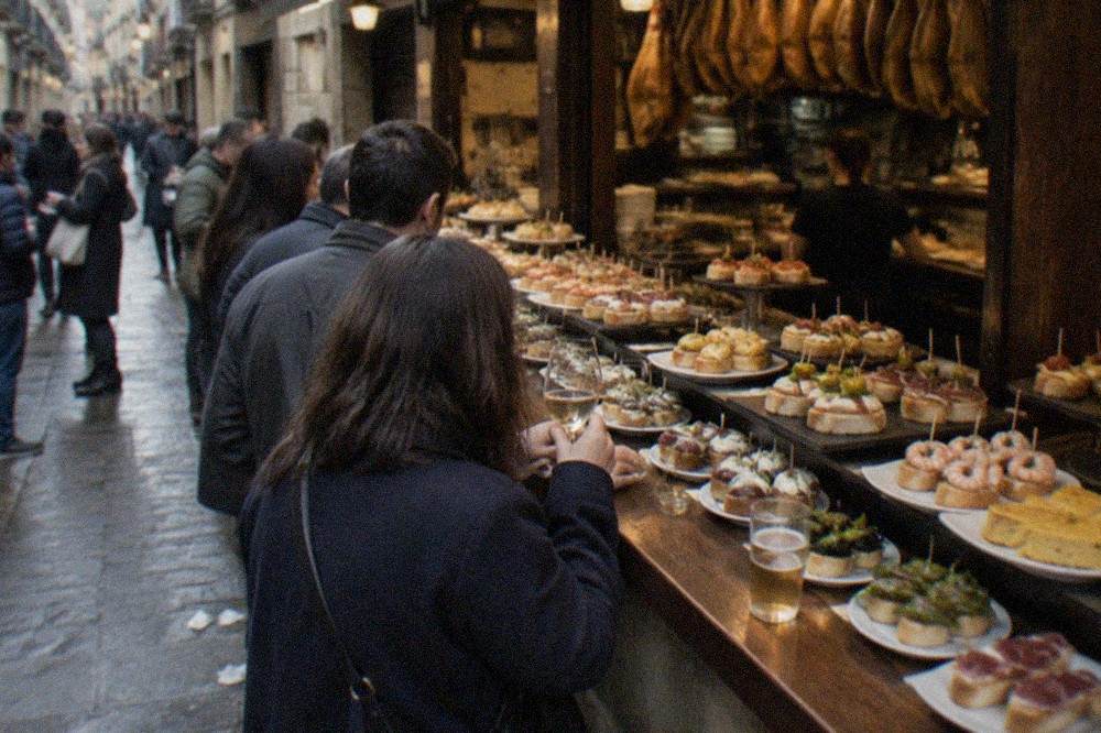 Evening light over pintxo bars with crowds standing at counters in an old town street