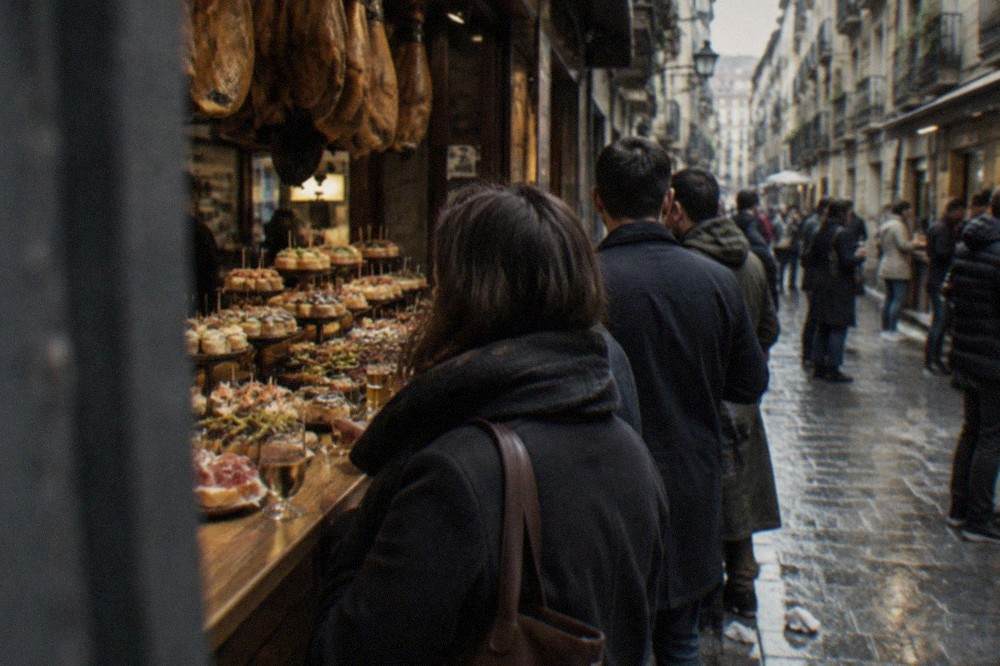 A narrow Old Town street in San Sebastián lined with pintxo bars and people standing outside with drinks