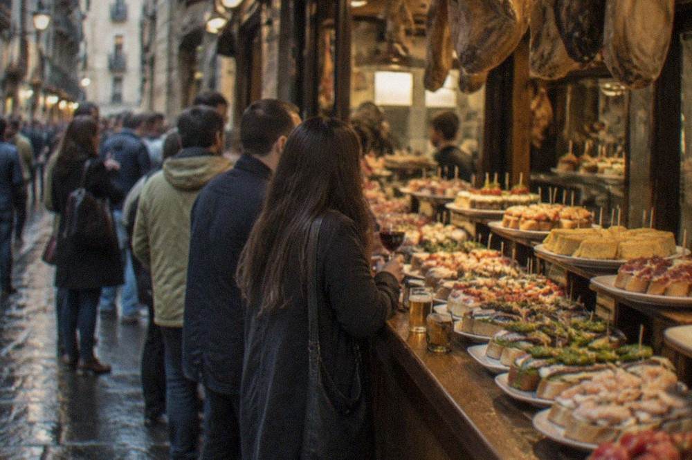 Pintxo bars with crowds along a narrow street in the Old Town of San Sebastián at night