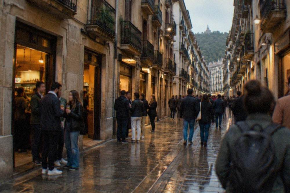 Evening crowds walking through a narrow Old Town street lit by bar windows in San Sebastián