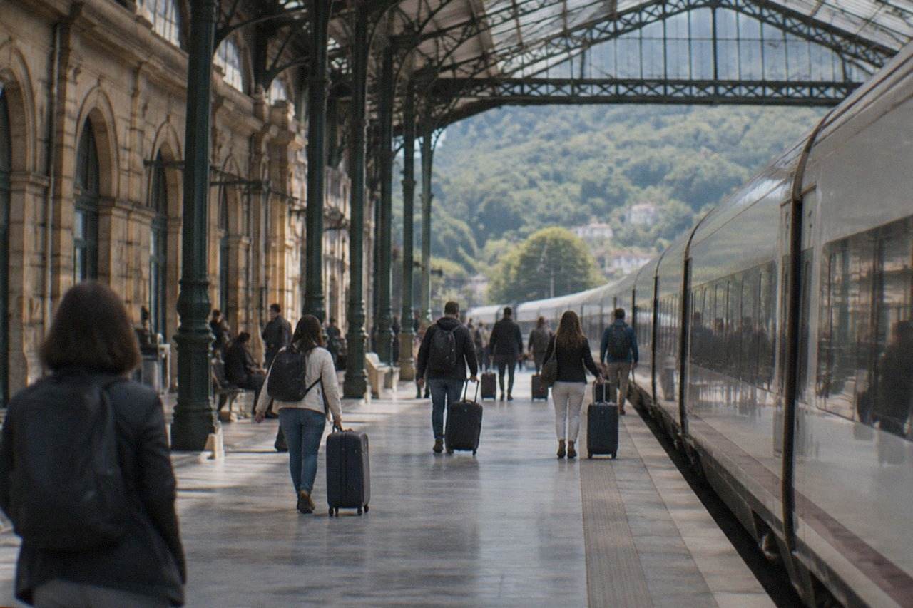 A long-distance train travelling through green hills in northern Spain
