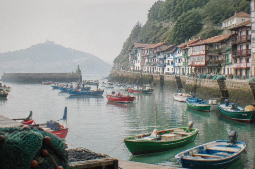 Colourful timber framed houses in a Basque fishing quarter beside a small harbour