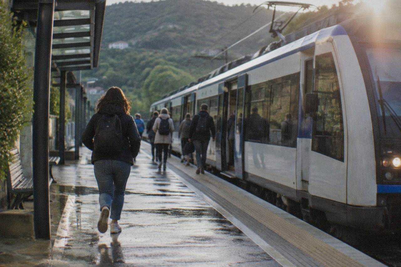 A regional train at a station platform in the Basque Country with green hills behind it