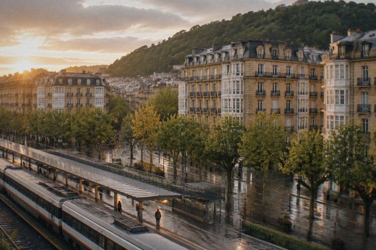 A regional train at a platform in San Sebastián station with the city behind it