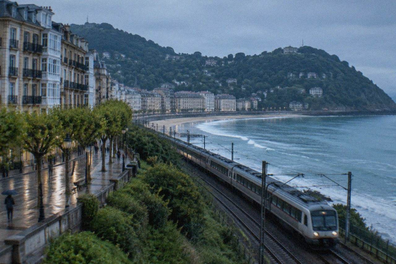 A passenger train travelling along a green coastline with hills above the sea