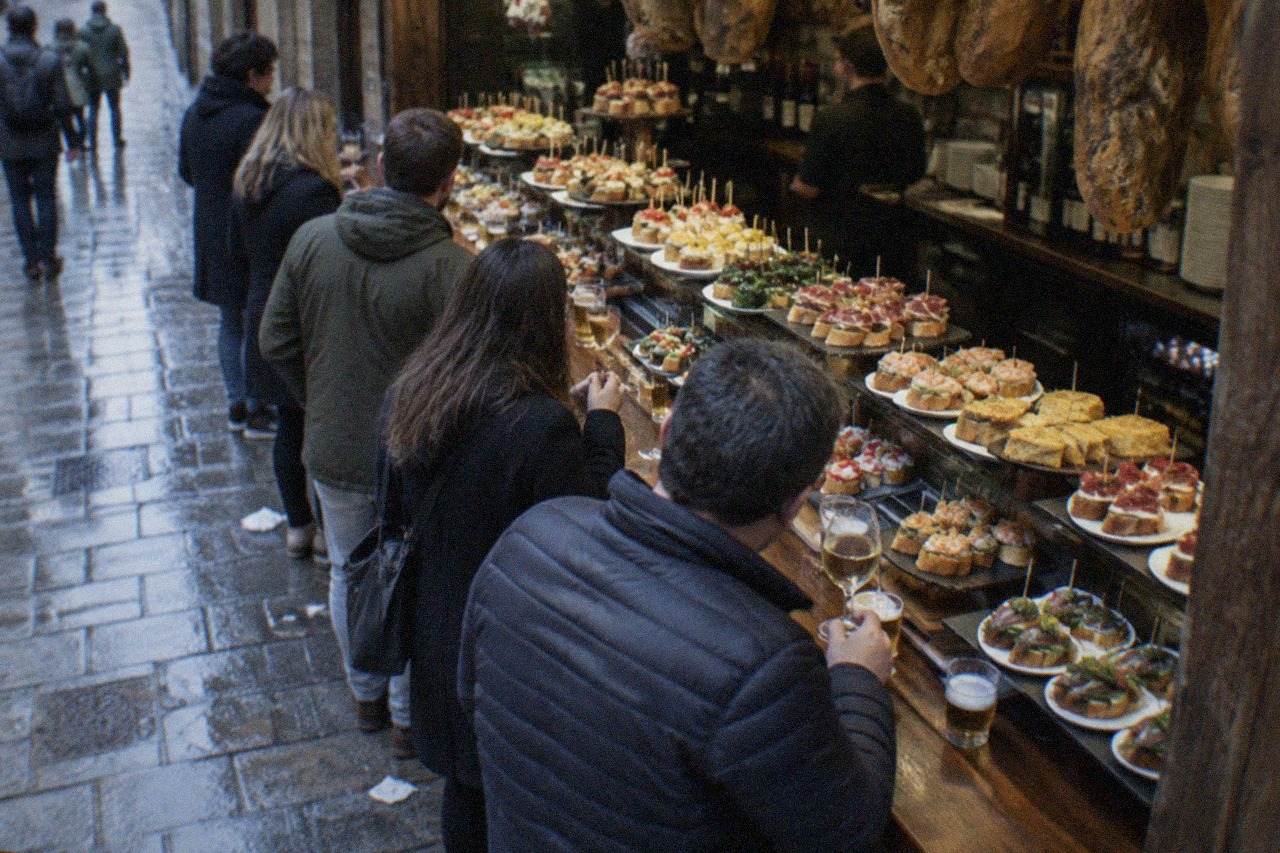 Pintxo bars with hanging pintxos displayed on counters in an Old Town street in San Sebastián