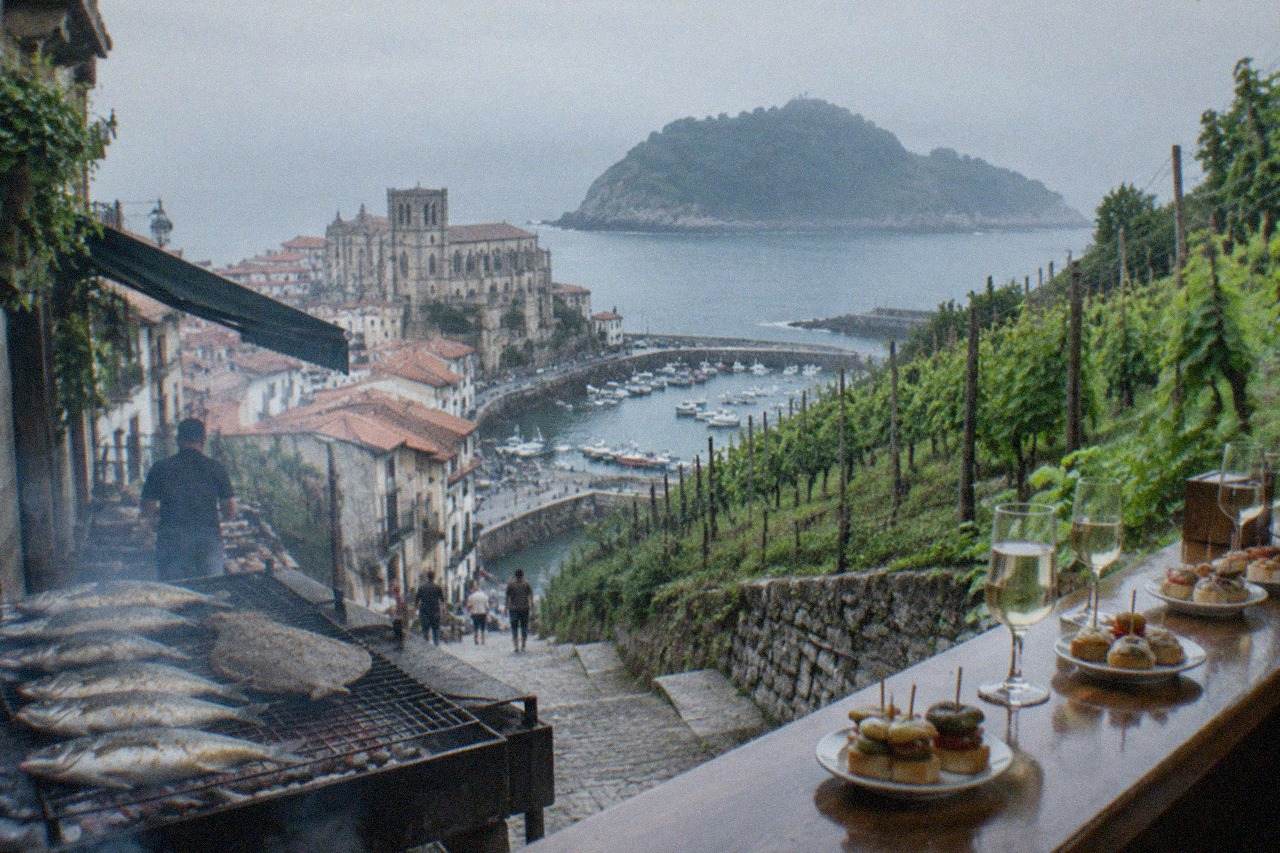 A pintxo bar counter in San Sebastián's Old Town, with skewered bites and glasses of txakoli arranged along the bar top.