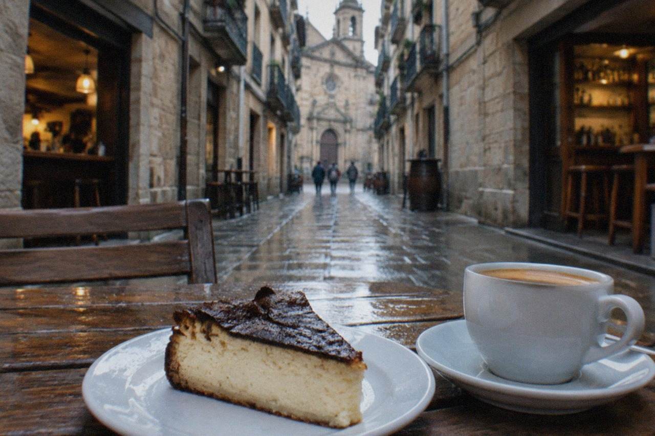 A slice of burnt Basque cheesecake with a dark caramelized top on a small plate beside a coffee cup
