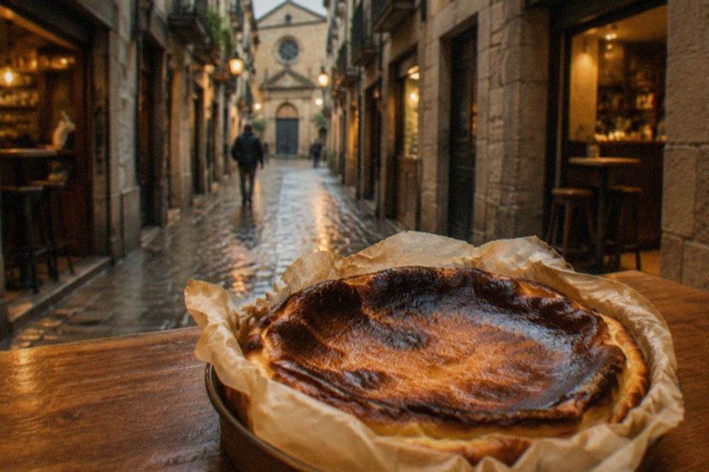 A whole burnt Basque cheesecake in a parchment-lined tin on a wooden bar counter