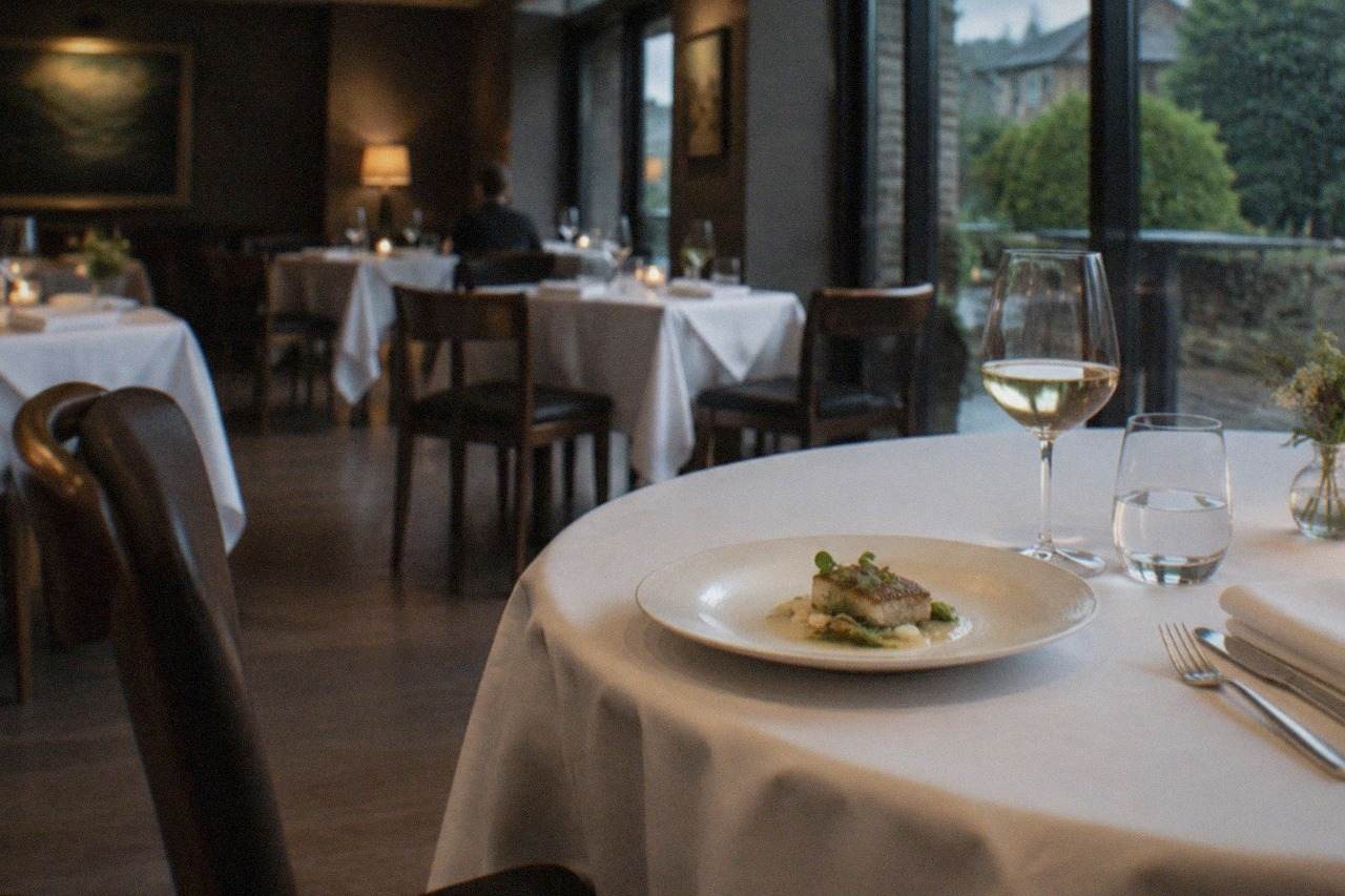 An elegantly set restaurant table with wine glasses and folded napkins in a dim dining room