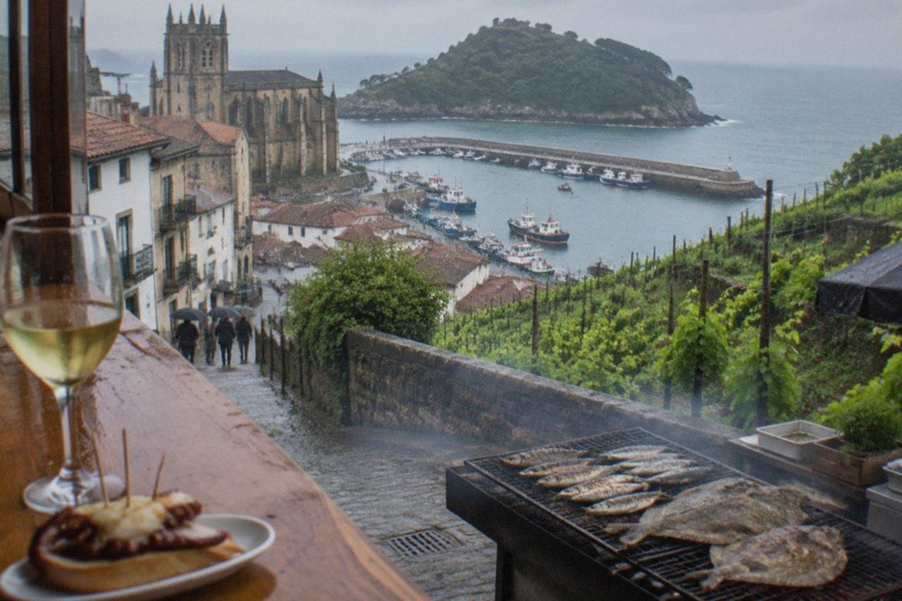 A glass of pale txakoli wine on a wooden pintxo bar counter in San Sebastián