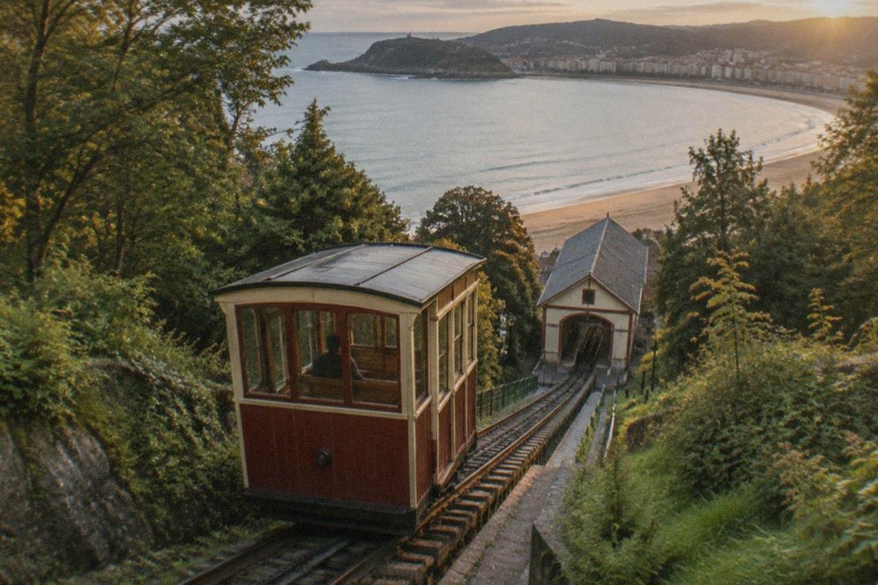 Wooden funicular car at the lower Monte Igueldo station above Ondarreta beach in San Sebastián