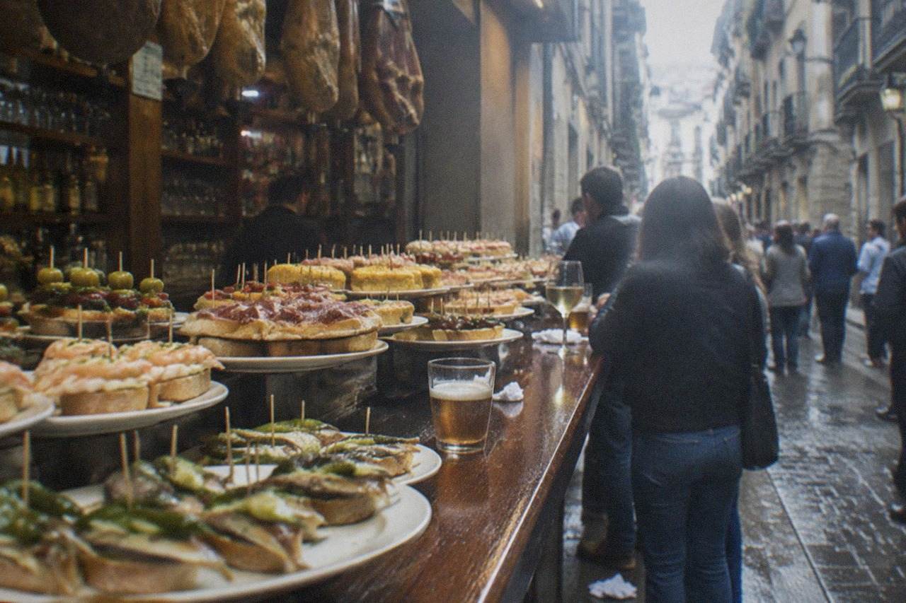 Narrow street in the Parte Vieja old town of San Sebastián with pintxo bars and old buildings