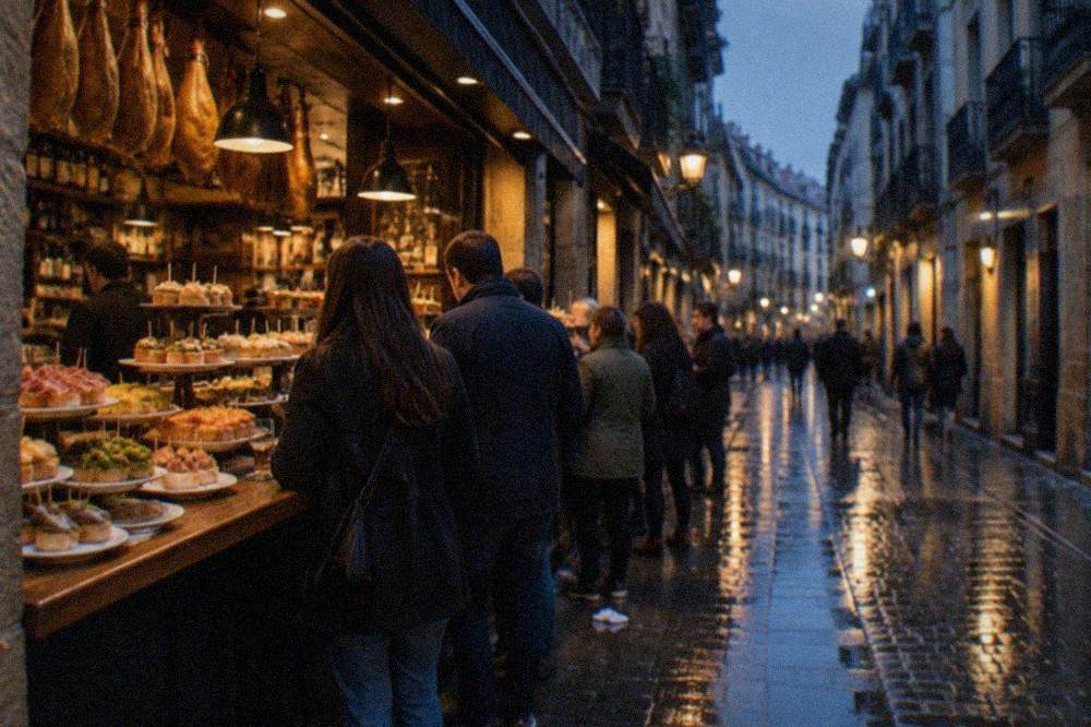 Wet cobblestones in the San Sebastián Old Town at dusk with pintxo bar lights reflecting in puddles
