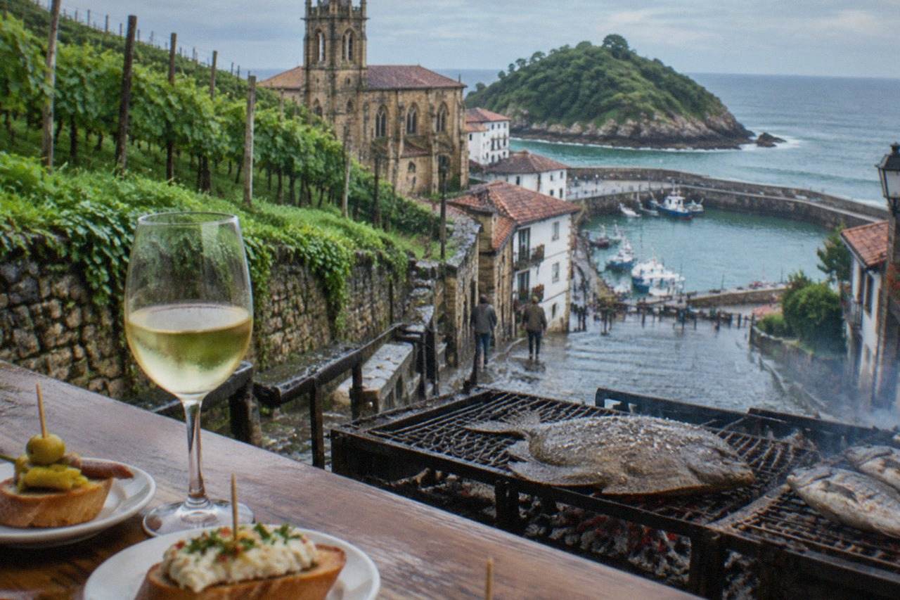 A glass of pale txakoli wine on a wooden bar beside small pintxo plates