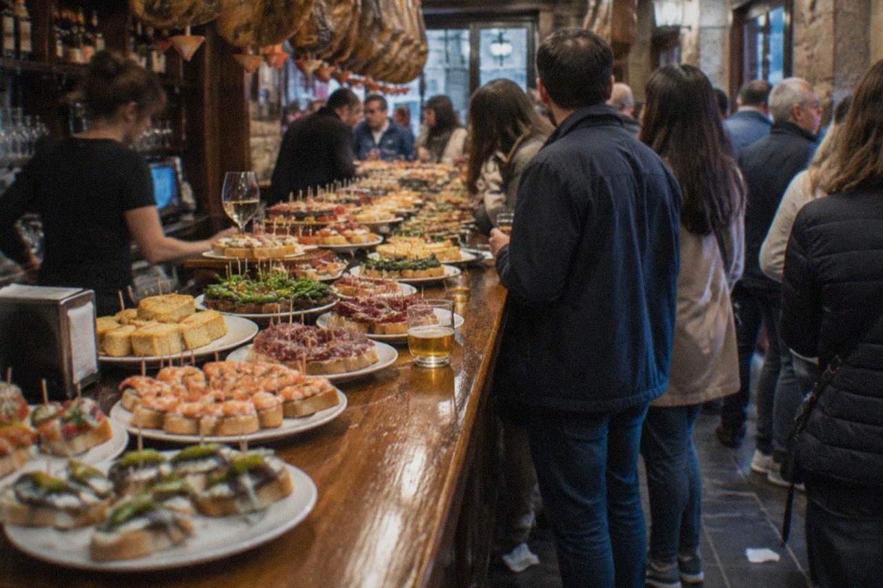 Crowd of people standing at a pintxo bar counter in an Old Town tavern in San Sebastián