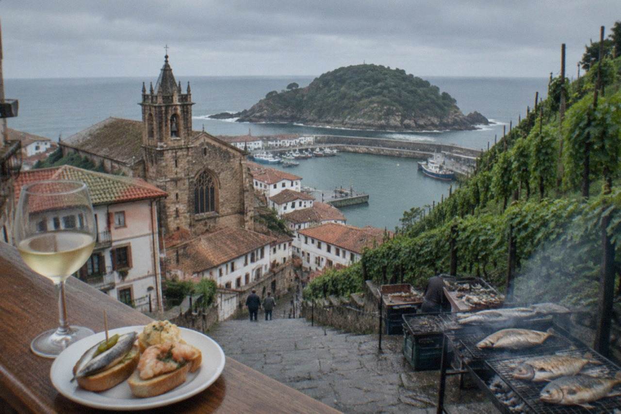 A glass of pale white txakoli wine on a bar top beside a plate of pintxos