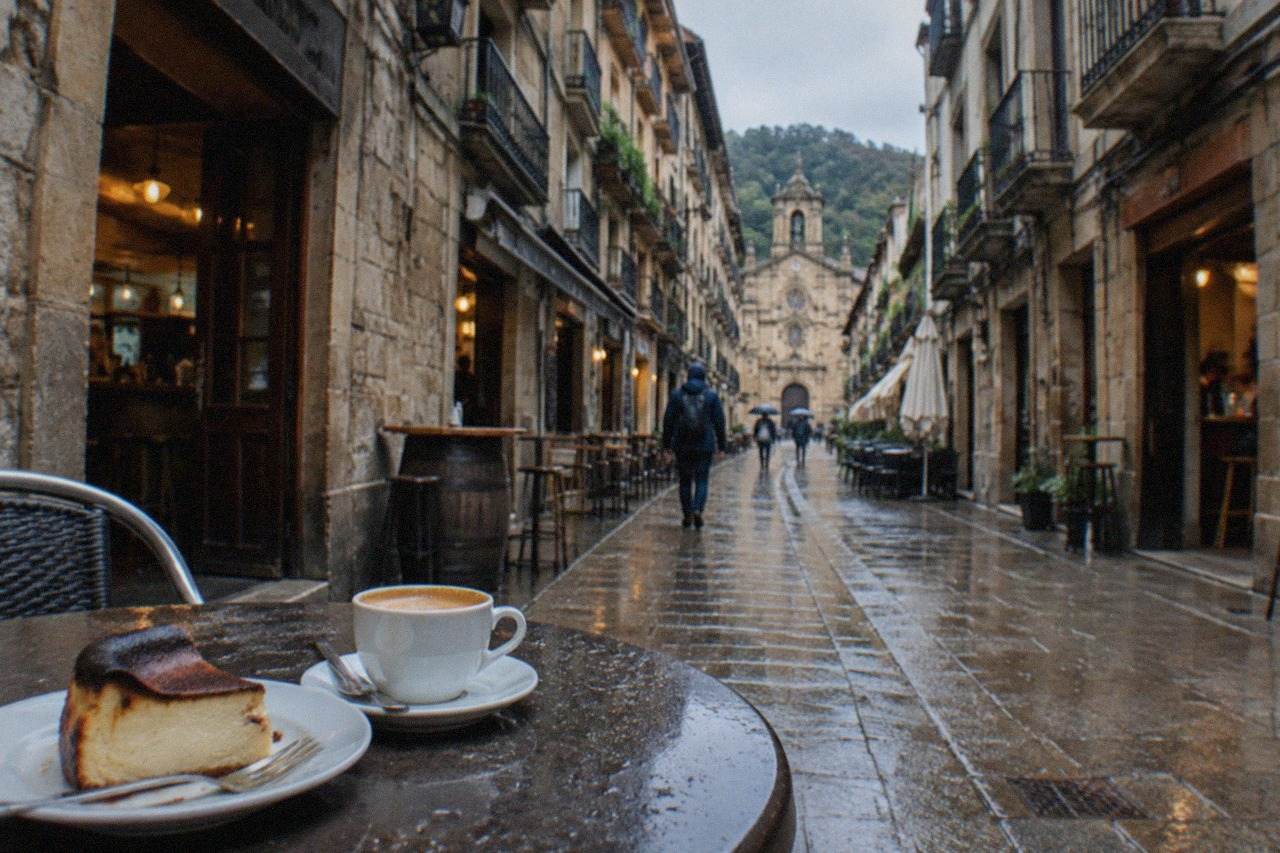 A slice of burnt Basque cheesecake with a dark caramelised top on a small plate beside a coffee cup