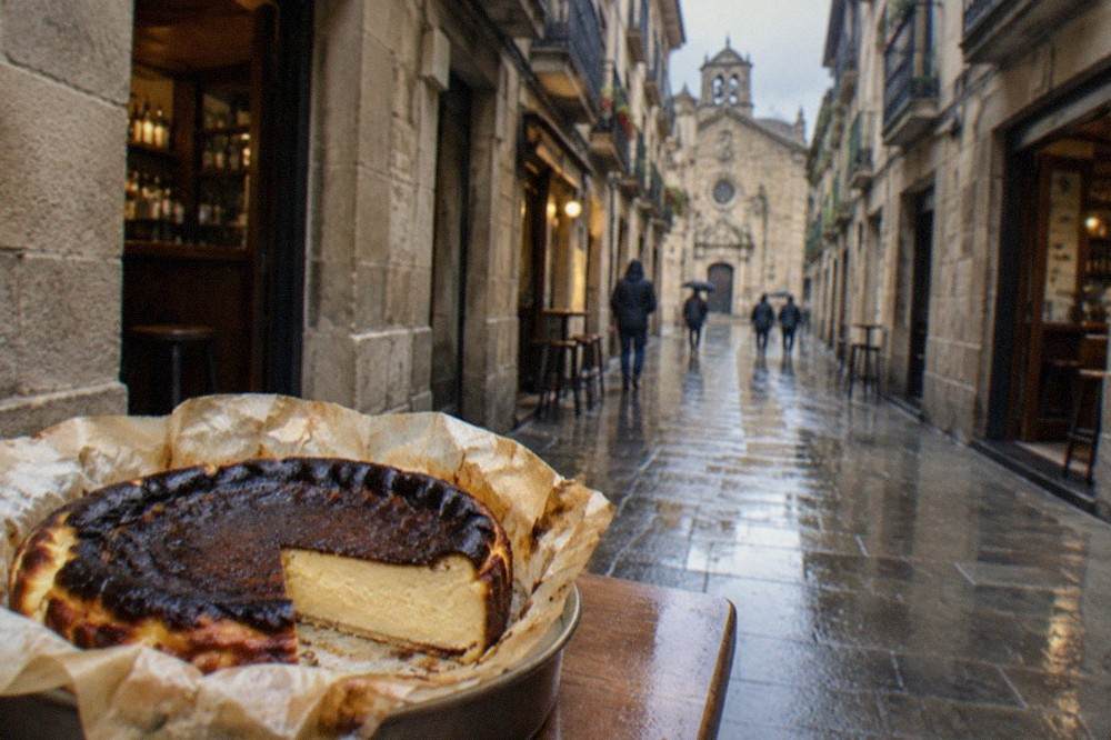 A whole burnt Basque cheesecake in a parchment-lined tin with a scorched dark top, cut open to show a soft pale centre