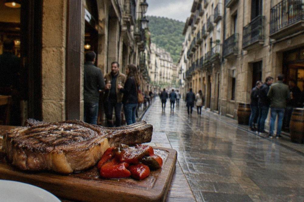 A thick bone-in rib steak resting on a wooden board beside roasted peppers at a Basque grill restaurant