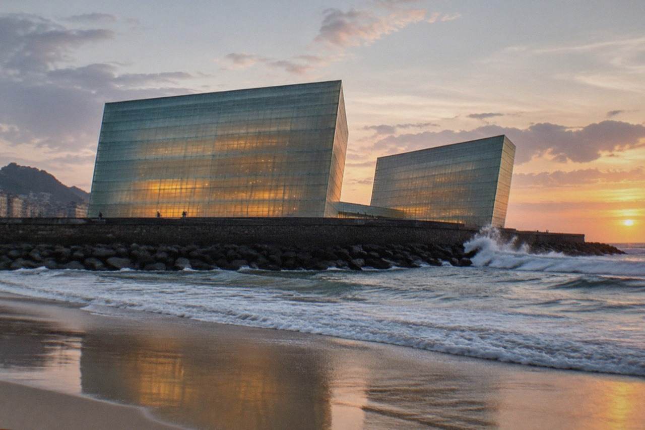 The glass cubes of the Kursaal building seen from the beach at sunset in San Sebastián