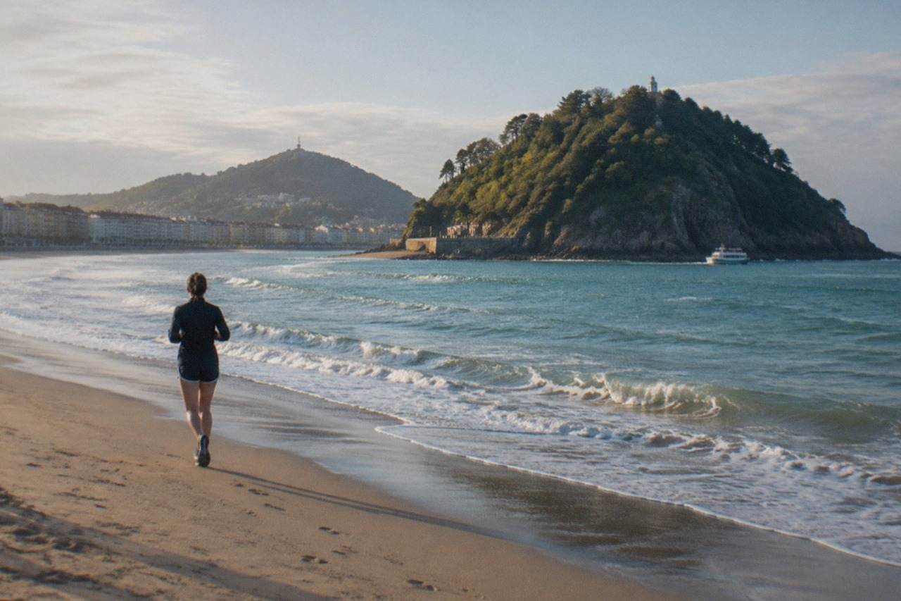 The curved sandy bay of La Concha in San Sebastián with Santa Clara island offshore