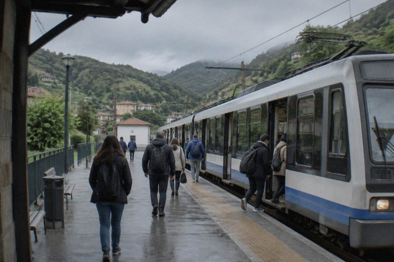 A narrow-gauge train at a small Basque station between green hills