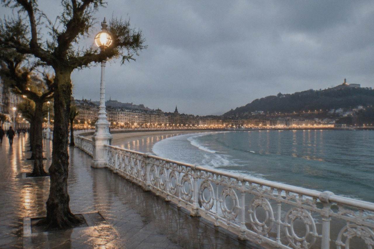 Evening view over La Concha bay in San Sebastián with the illuminated beachfront promenade