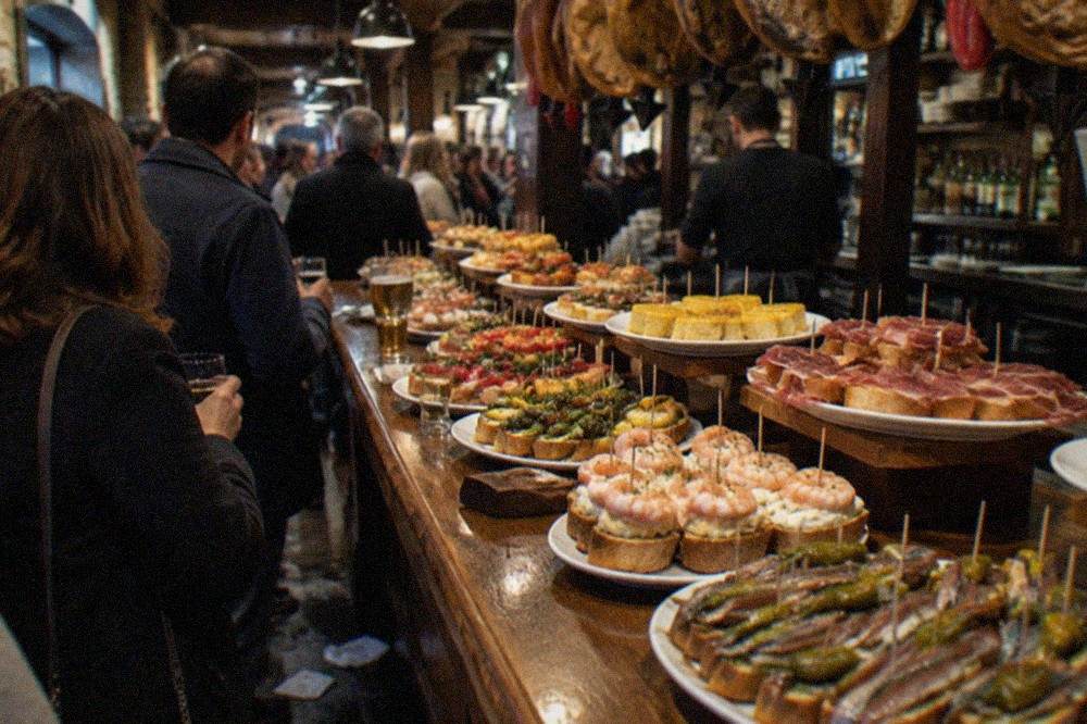 Crowded pintxo bar counter in the San Sebastián Old Town at night
