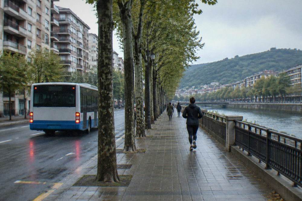 A city bus pulling away from a stop on a tree-lined street in Amara