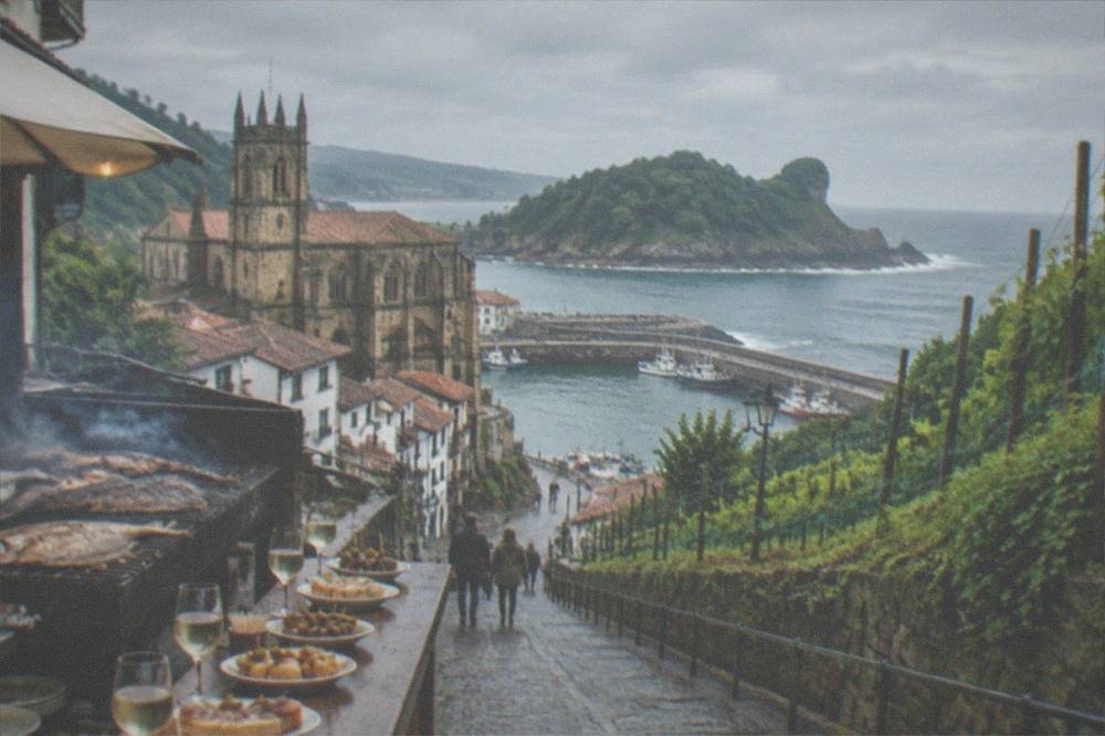 A pintxo bar counter with small skewered snacks and glasses of txakoli arranged on it