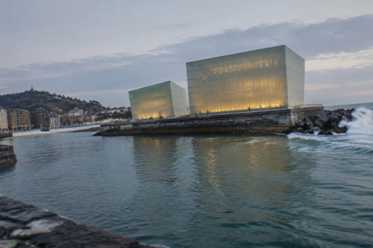 The Kursaal Centre glass cubes beside the Urumea river mouth in San Sebastián at dusk